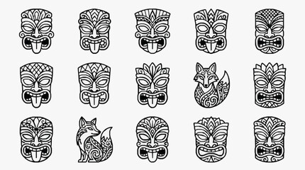 Vector icon set of 13 Polynesian tiki masks with various expressions and two stylized foxes with intricate tribal patterns, rendered in black and white minimalist line art. © Gaseyuk