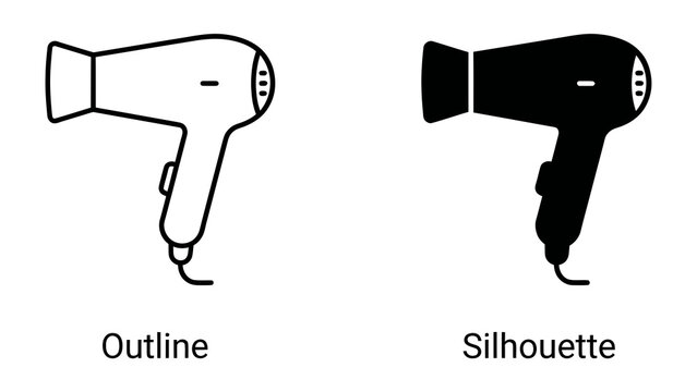 Hair Dryer Icon Set: A minimalist collection featuring an outline and a silhouette of a hair dryer, perfect for design projects needing simple, clean graphics.