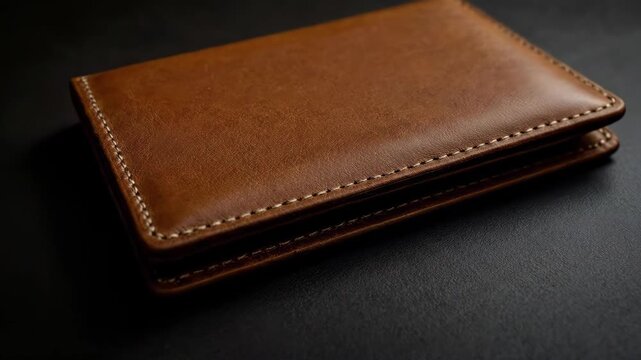 Elegant brown leather wallet with visible stitching on a minimalist dark background.