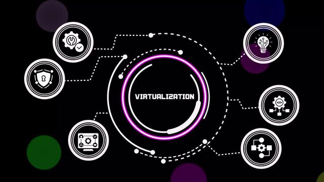 VIRTUALIZATION technology concept showing abstract digital infrastructure, connected computing environments, scalable resources, cloud systems and enterprise management.