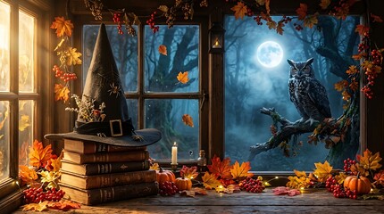 Fototapeta premium Witch hat and old books on a table by the window with an owl outside on a full moon night
