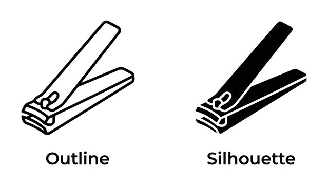 Nail Clipper Icons: Two distinct representations of a nail clipper, one in outline and the other as a solid silhouette, offering clear and versatile graphic elements for design projects.