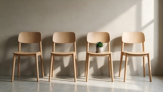 Four modern minimalist wooden chairs stand in a row against a plain beige wall with one tiny green potted succulent plant sitting on the third chair