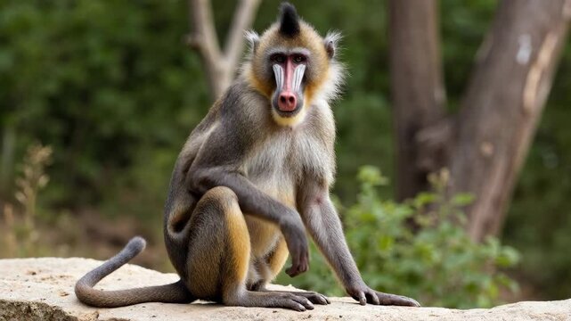 Vibrant mandrill monkey with striking facial colors sitting calmly outdoors.