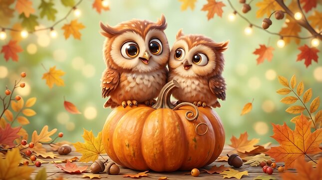 Two cute owls sitting on a big orange pumpkin in a beautiful autumn forest with fallen leaves