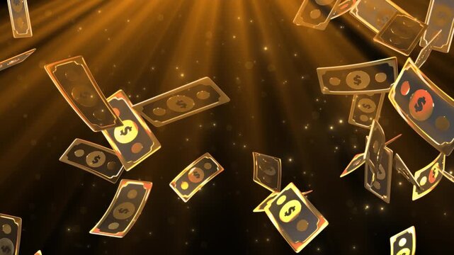 Falling golden cartoon dollar banknotes with glowing particle effects