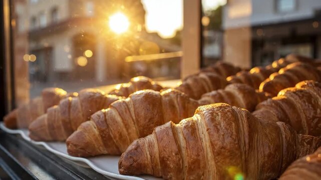 Golden hour sunlight illuminates fresh, flaky croissants in a bakery window.