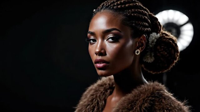 Elegant Black woman in a fur coat posing confidently in a studio setting.