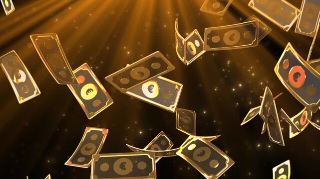 Falling golden cartoon euro banknotes with glowing particle effects