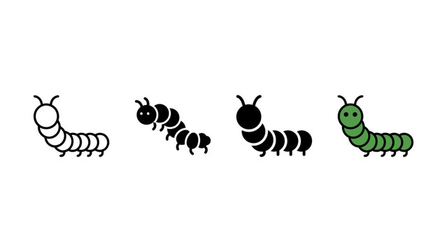 Set of four different stylized caterpillar icons isolated on white background