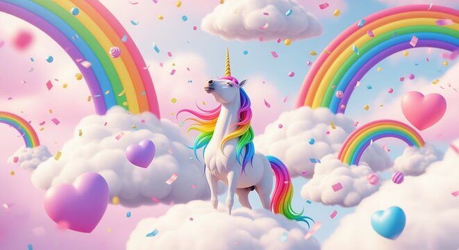 A whimsical unicorn stands among fluffy clouds in a dreamy sky with vibrant rainbows, colorful hearts, and floating confetti. Features pastel colors and sparkles for fantasy themes.