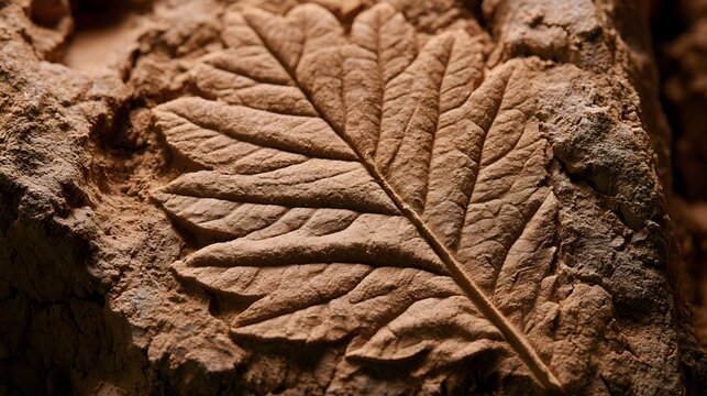 A detailed leaf imprint preserved in textured earth toned clay  showcasing natural botanical patterns and organic surface relief