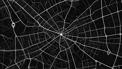 Naklejka premium Abstract City Map with White Lines and Location Markers on Black