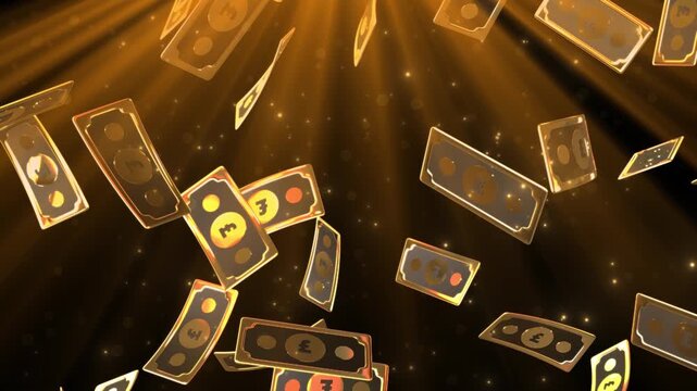 Falling golden cartoon pound banknotes with glowing particle effects