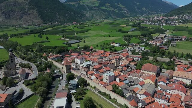 Drone Lateral Over Glurns Medieval Walled Town in South Tyrol Italy