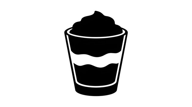 Black and white silhouette icon of a layered dessert, coffee, or creamy drink in a short glass. Perfect for cafe menus, bakery logos, or food illustrations.