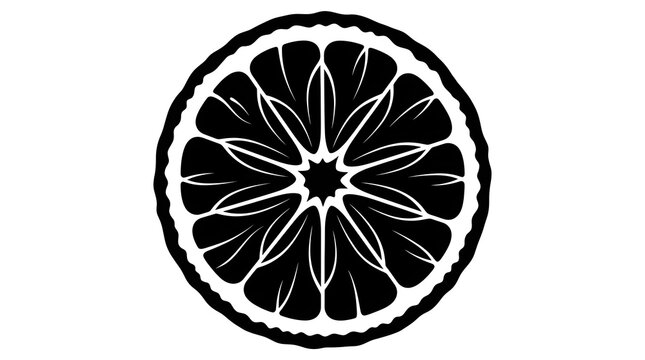 Detailed black and white silhouette icon of a round citrus fruit slice, like an orange, lemon, or lime. Great for healthy food, juice, or tropical drink designs.