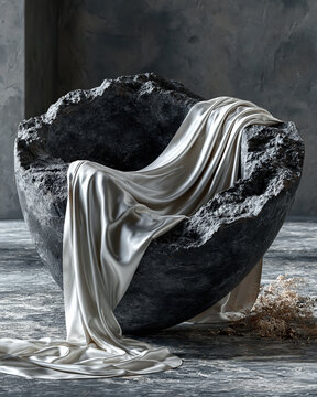 Dramatic black stone bowl with flowing silver silk dark still life