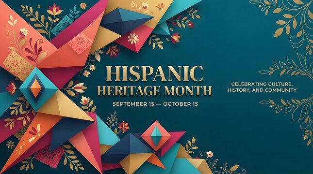 Hispanic Heritage Month celebration background with colorful geometric paper shapes and floral patterns.