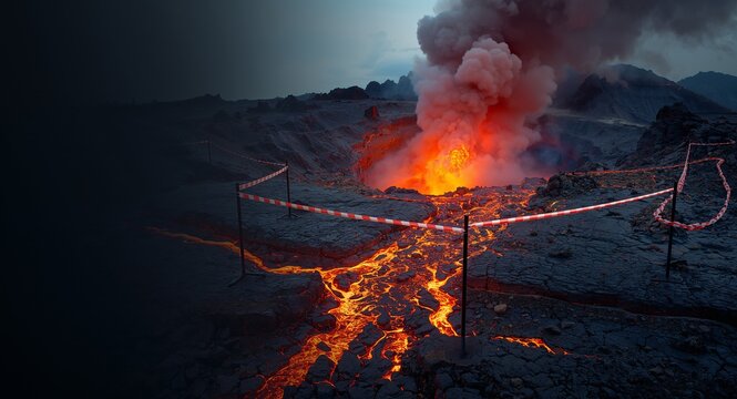 Restricted danger zone marked around active volcano barriers preventing access to cordoned � Professional Stock Photography Concept for Commercial and Marketing Use