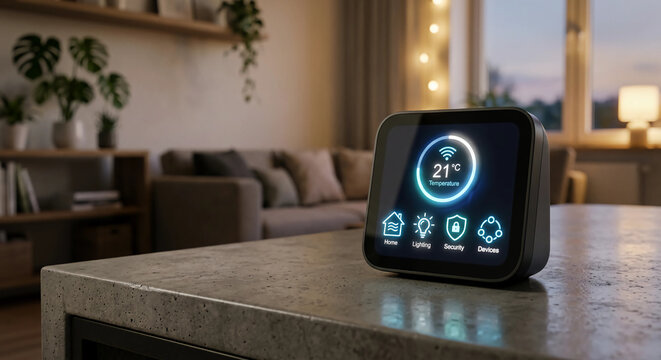 Smart home control panel device with glowing touch screen display on a table in a modern living room.