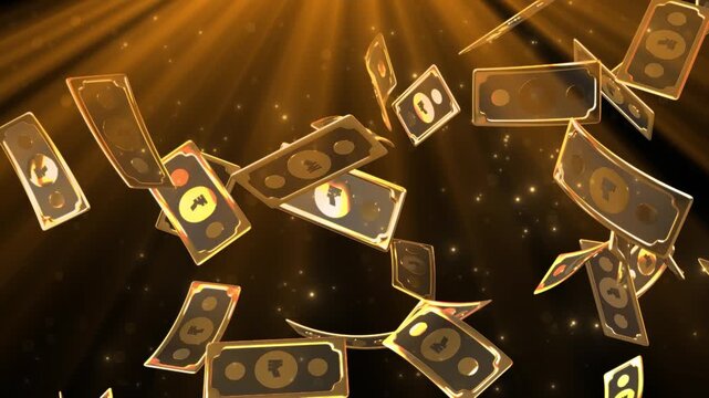 Falling golden cartoon rupee banknotes with glowing particle effects