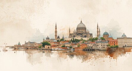 Obraz premium Realistic watercolor illustration highlighting iconic historic sites travel panorama featuring UNESCO heritage � Travel and Adventure Lifestyle Concept for Tourism and Vacation