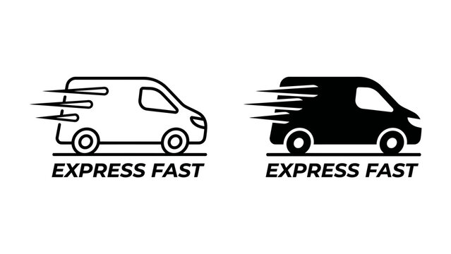 Speedy Delivery Icon Set: Two stylized icons of a van, one outlined and one filled in black, depict rapid transit with motion lines, symbolizing express delivery services.