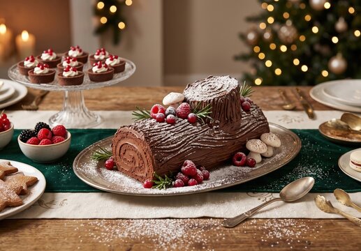 Festive Chocolate Yule Log Cake on Christmas Dinner Table with Berries