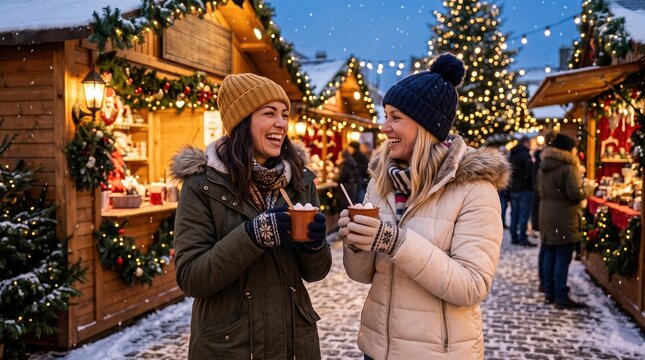 Two happy women enjoying hot drinks at a festive winter Christmas market
