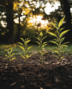 Young plants growing in a row with sunlight filtering through trees.