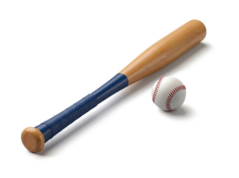 Wooden baseball bat with a dark blue grip and white stitched baseball, isolated on a clean white background with soft shadows and realistic 3D sports detail.
