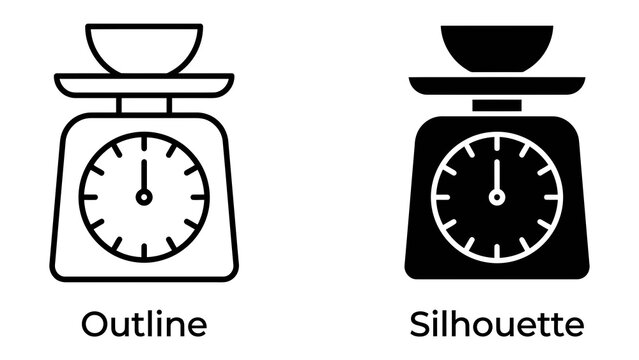 Kitchen Scale Icons: A visual representation of a kitchen scale, featuring both an outline and silhouette version for versatility in design.