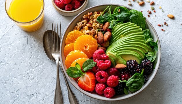 Vibrant Healthy Breakfast Bowl with Fresh Fruits and Avocado.