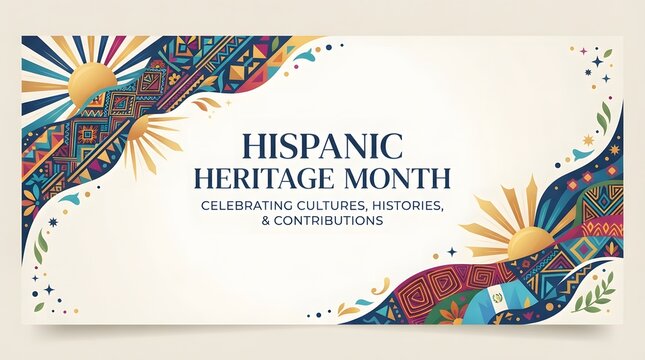 Hispanic Heritage Month celebration banner with vibrant ethnic patterns and decorative sun elements.