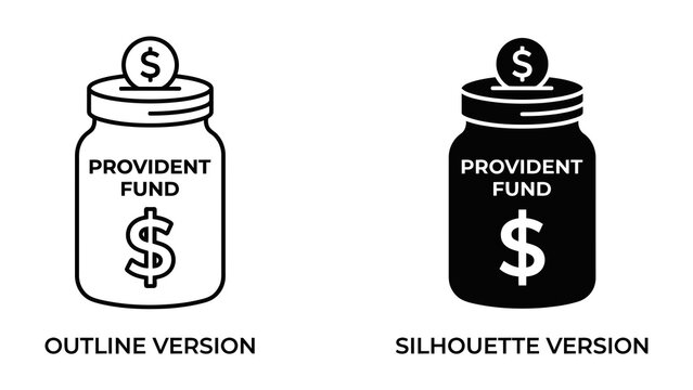 Money Jar Icon: A visual representation of savings, featuring a money jar labeled PROVIDENT FUND with a coin dropping into the top, presented in both outline and silhouette versions.