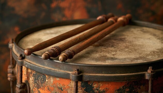 Vintage Snare Drum with Drumsticks Resting on Top.