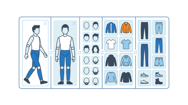 Human character creator UI with clothing and accessories.