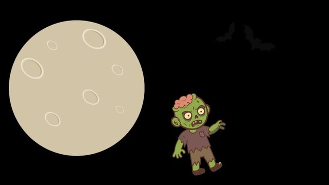 Animated cartoon zombie with moon and bats.