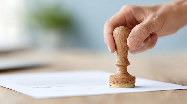 Hand Using Wooden Stamp to Seal Document on Desk, Symbolizing Approval or Authorization with Natural Background Elements Like Light and Greenery