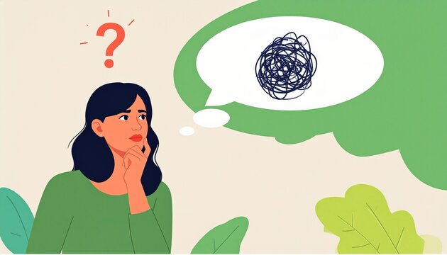 Confused woman with tangled thoughts, flat vector illustration