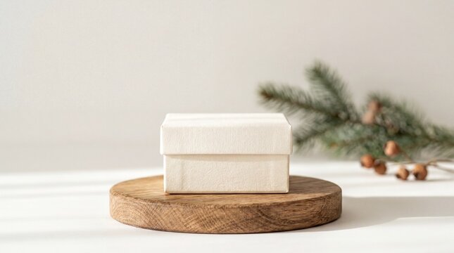 Holiday packaging ideas, an elegant ivory gift box rests on an oak podium, bathed in soft morning light