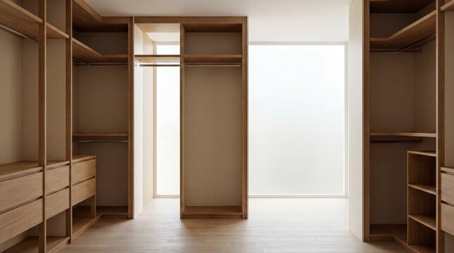 Luxury closet design, a luxurious walk-in closet featuring oak and ivory tones bathed in soft daylight