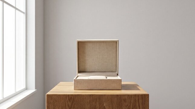 Jewelry storage idea, an empty linen watch box rests on an oak wood podium under soft daylight