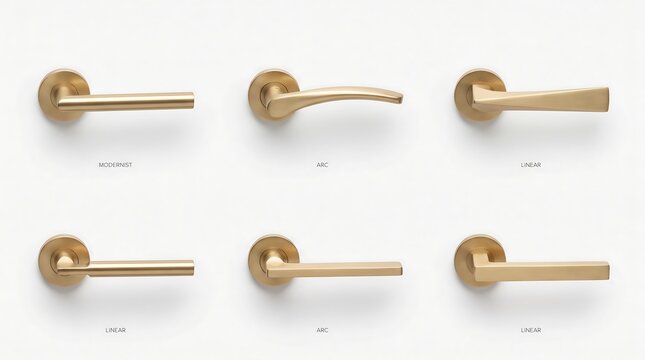 Collection of six modern brass door handles on white background.