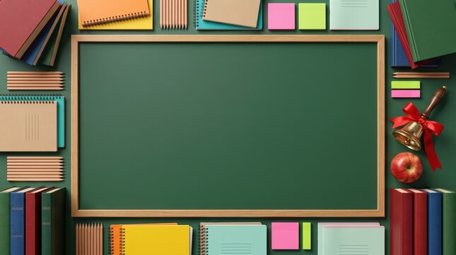 Back to School classroom background with a large blank chalkboard and school supplies around a frame, copy space for text, new academic year, education and learning concept