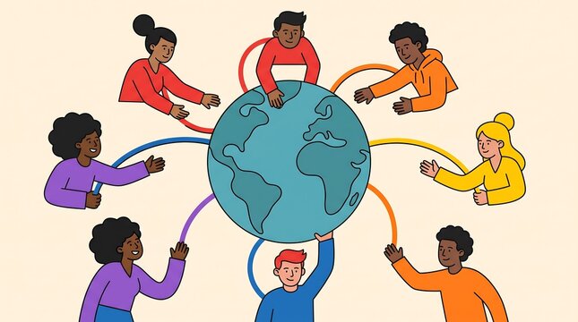 Diverse group of people connecting with the world, global community and unity illustration