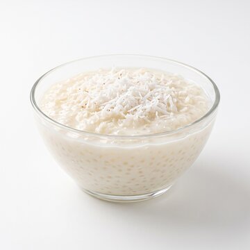 Traditional Brazilian Cuscuz Coconut Tapioca Pudding In Glass Dessert Bowl.