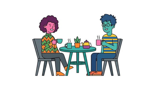 Diverse couple drinking coffee at a cafe table, flat vector illustration of friends chatting