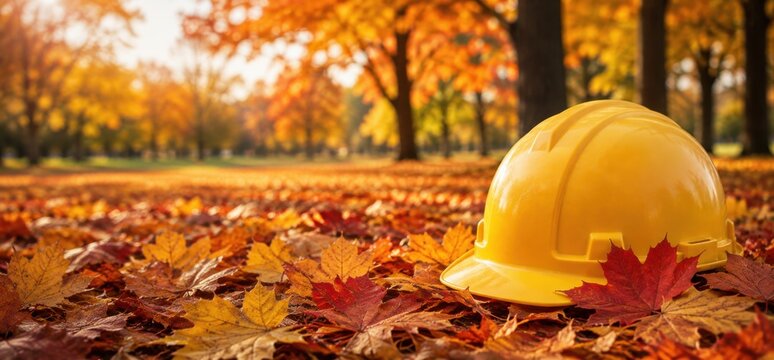 Yellow construction hard hat surrounded by autumn leaves in a park, seasonal workplace concept, Labor Day, construction industry, safety equipment, fall season and skilled labor. Copy space
